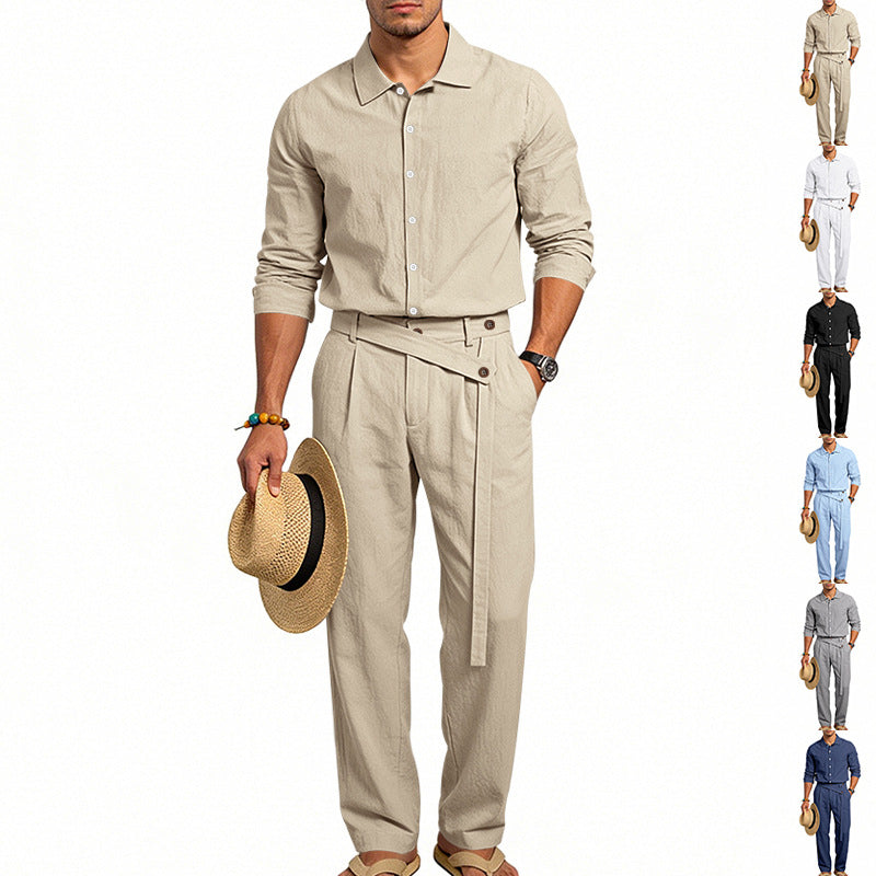 Herren nan eleganter Leinen-Zweiteiler mit Hemd und Hose mit hohem Bund und Bindegürtel Echoarchiv