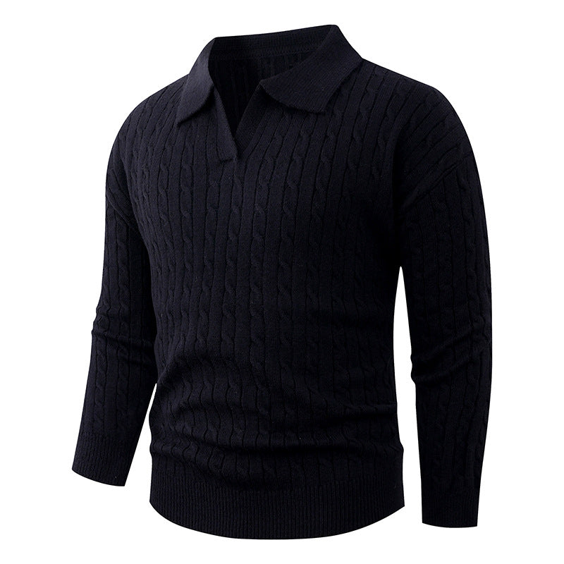 Herren Kabelstrick-Polo-Pullover mit V-Ausschnitt und Zopfmuster Echo Archiv