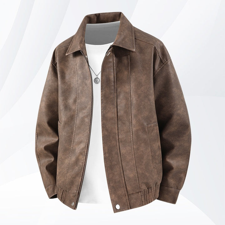 Herren Kurz geschnittene Kunstlederjacke im Vintage‑Look mit Hemdkragen & durchgehendem Reißverschluss Echoarchiv