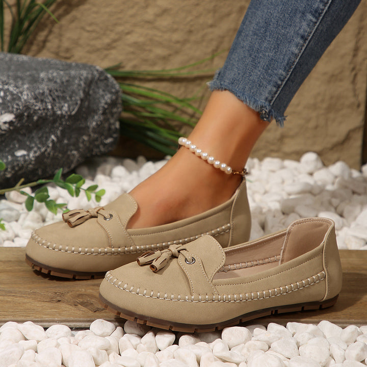 Damen  klassische Mokassin-Slipper mit Quasten, handgenähter Rahmennaht und rutschfester Gummisohle Echo Archiv