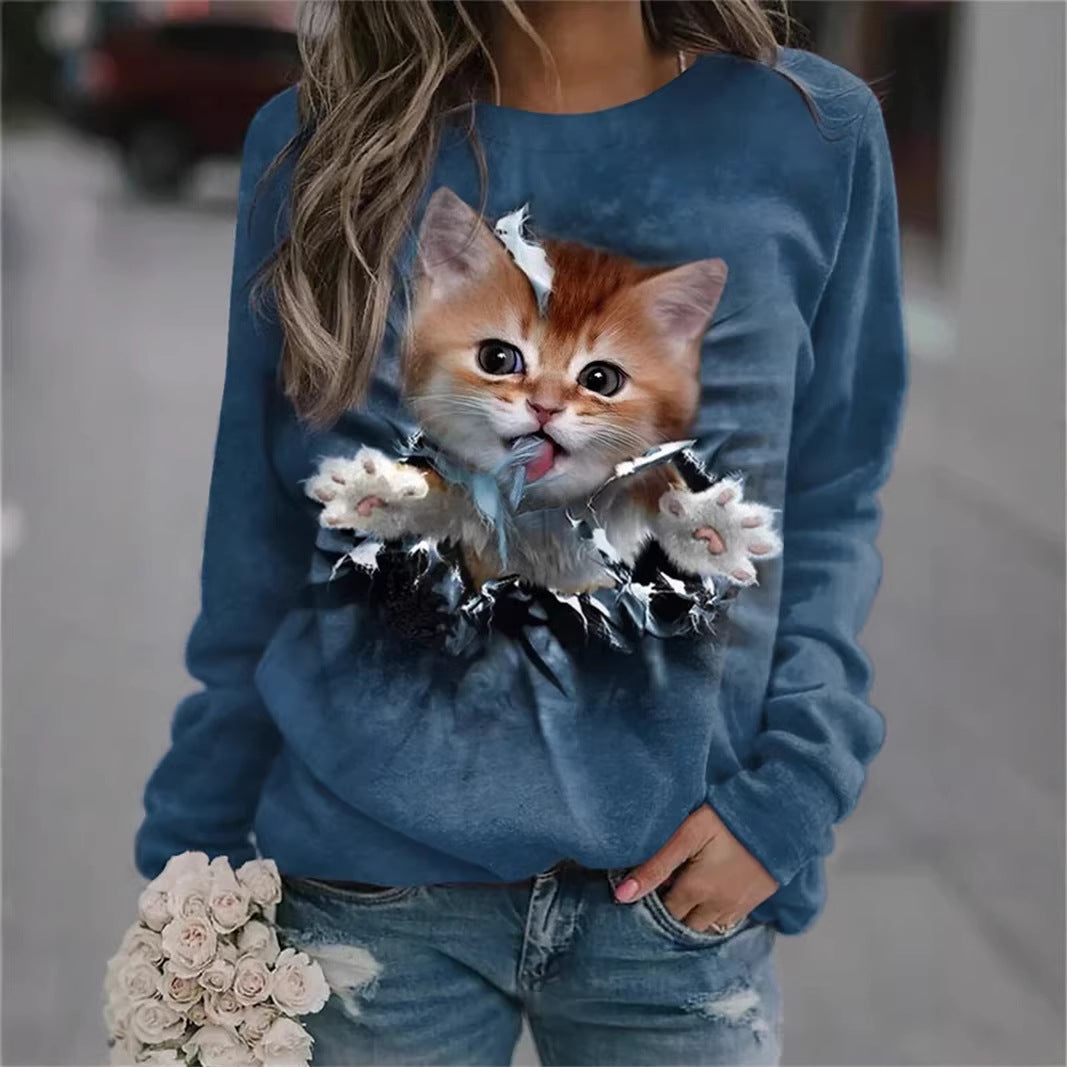 Damen Gemütlicher Übergroßer Fleece-Pullover mit Großem Welpenfoto-Print Echoarchiv