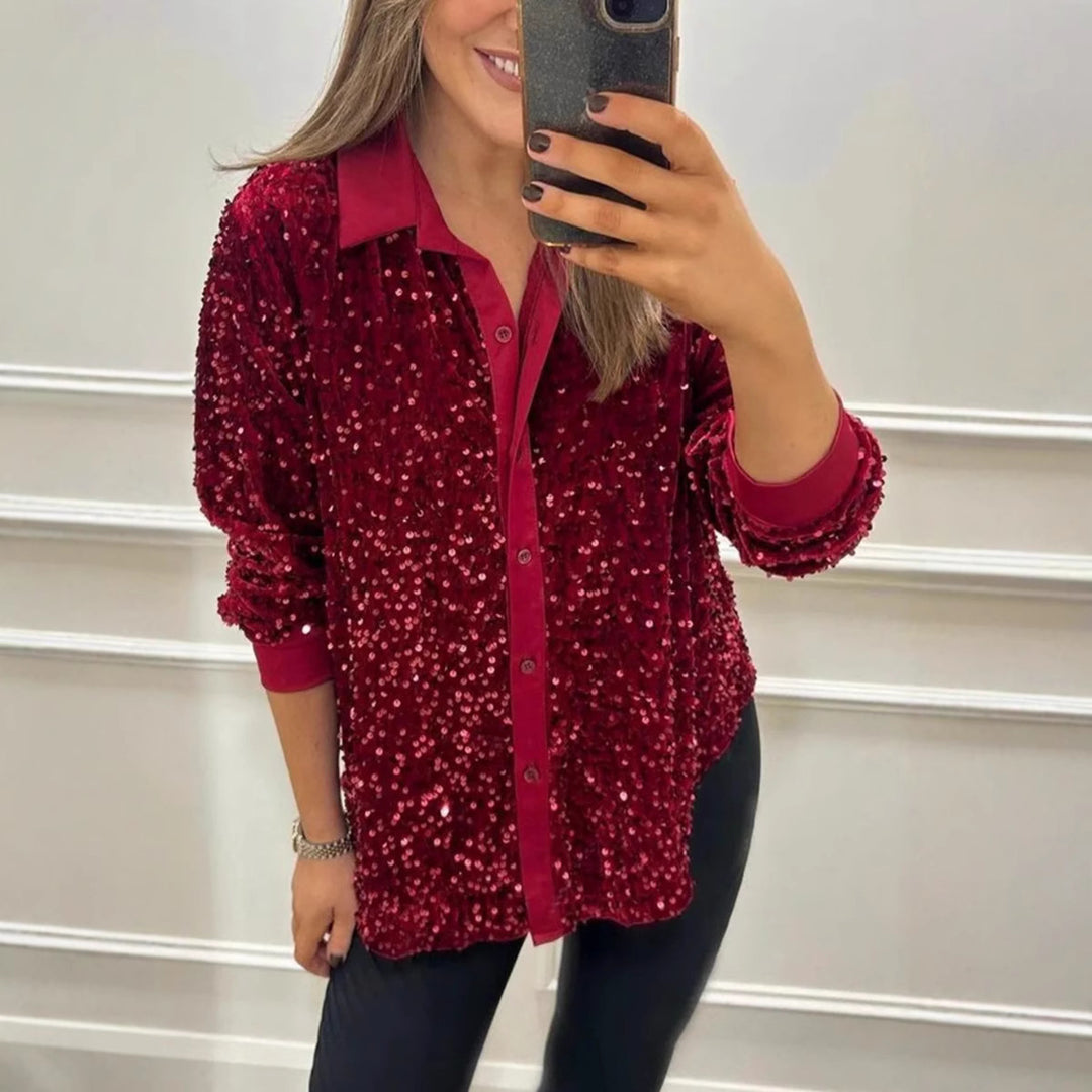 Damen nan glitzernde Pailletten-Hemdbluse mit Kragen, Knopfleiste und elastischen Manschetten Echo Archiv