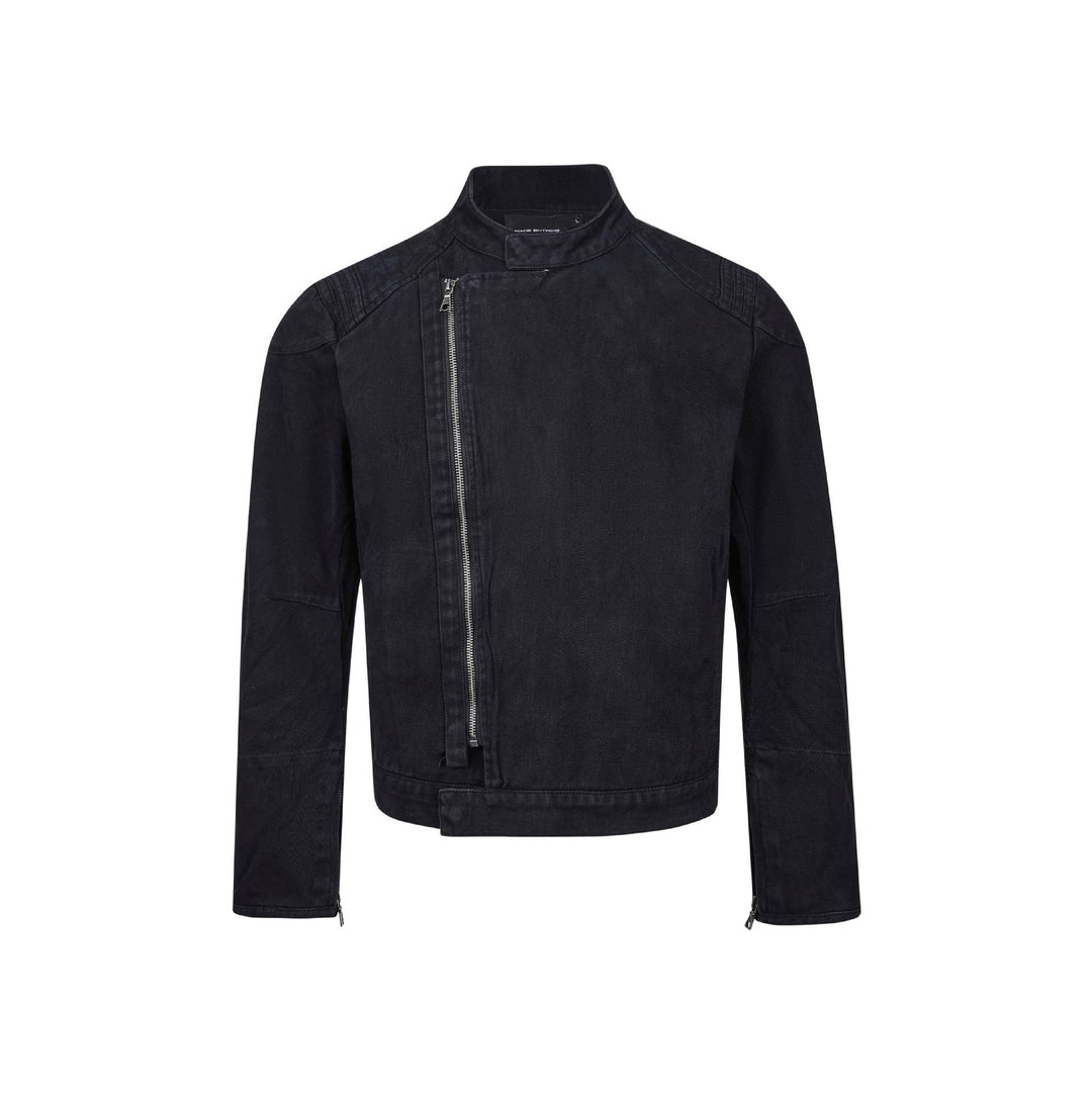 Herren Kurz geschnittener asymmetrischer Canvas-Bikerblouson mit Funnelkragen und Reißverschluss-Detail Echoarchiv
