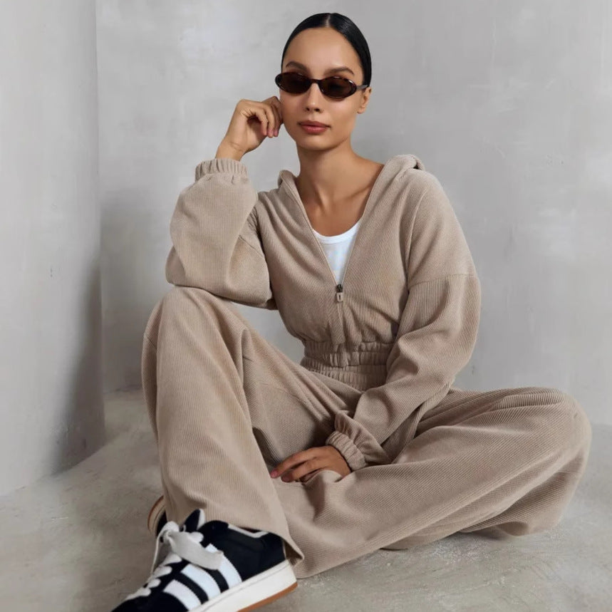 Damen nan kurzes Kapuzen-Loungewear-Set mit durchgehendem Reißverschluss, elastischem Komfortbund und gerippter Struktur Echo Archiv