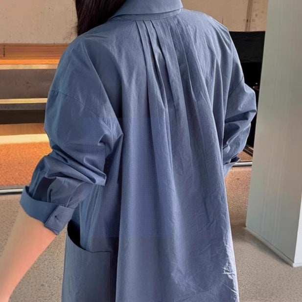 Damen Langes Oversize-Hemdblusenkleid aus Baumwollpopeline mit seitlichen Eingrifftaschen und Rückenpasse – Valéora