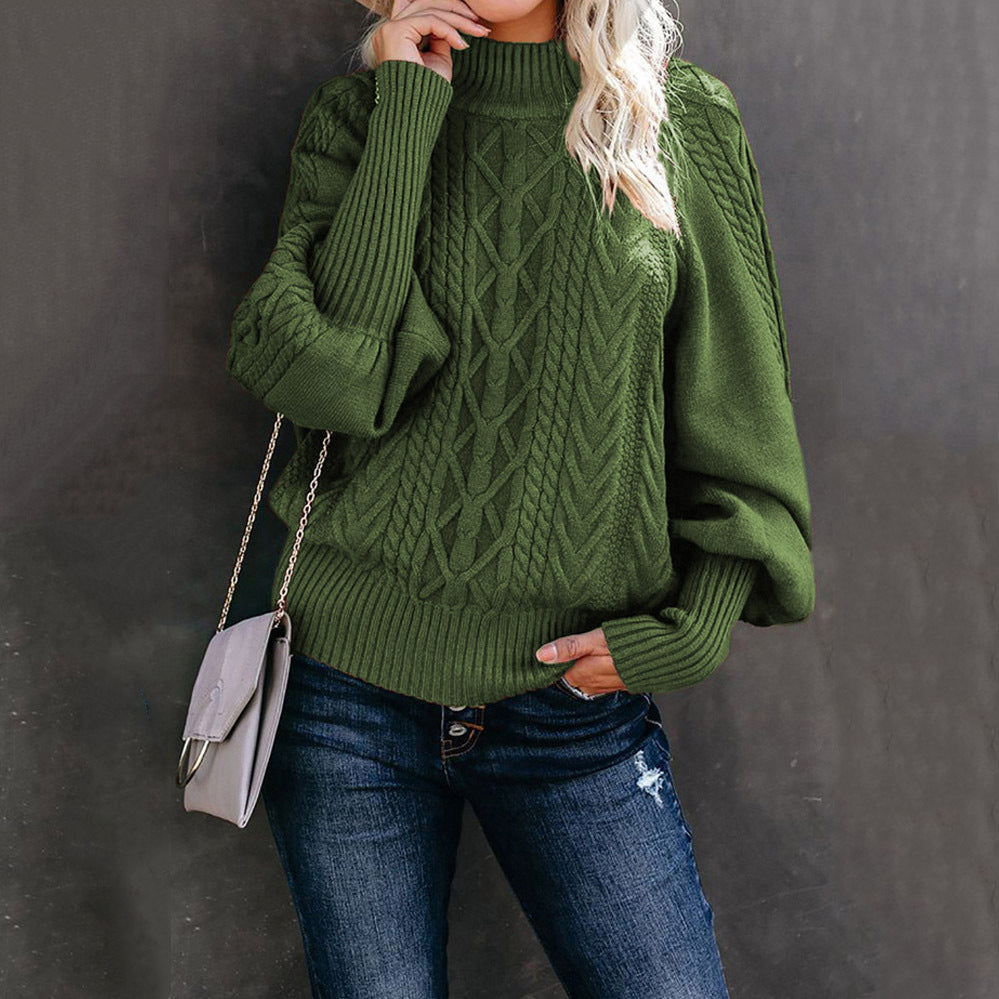 Damen nan Zopfmuster-Strickpullover mit Rollkragen und Ballonärmeln Echo Archiv