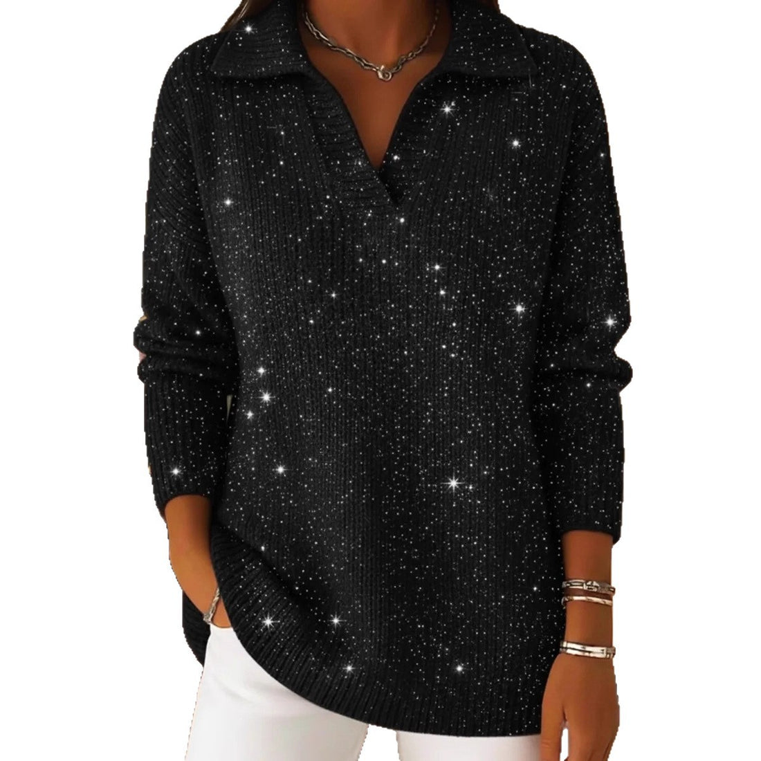 Damen Eleganter V-Pullover mit glänzenden Akzenten – Mavelle