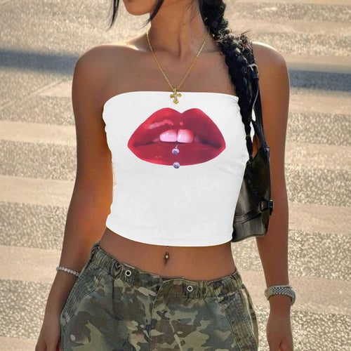 Damen Bandeau-Top mit auffälligem Lippenmotiv und figurbetontem Schnitt Echo Archiv