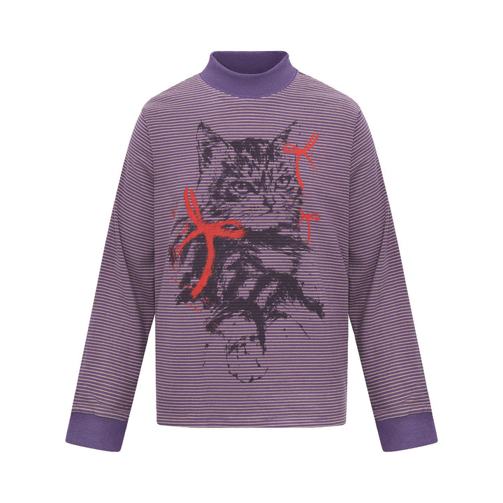 Unisex Gestreiftes Longsleeve mit Stehkragen, Oversize-Schnitt und Katzenprint Echoarchiv