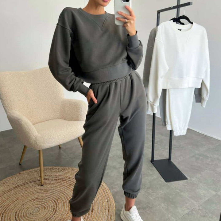 Damen nan Cropped-Sweater-Set mit V-Nahtdetail und hoher Taille Jogginghose Echo Archiv