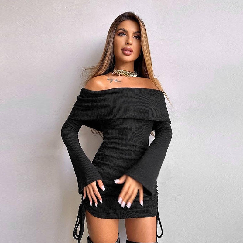 Damen Off-Shoulder Mini-Kleid mit Raffung und langen Ärmeln Echo Archiv