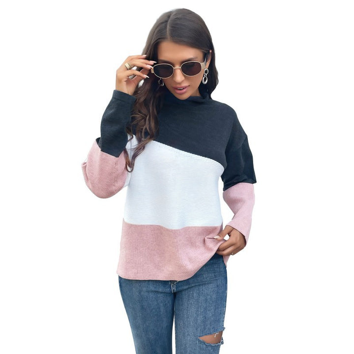 Damen Dreifarbiger Strukturstrick-Pullover mit Stehkragen und lässiger Oversize-Silhouette Echoarchiv