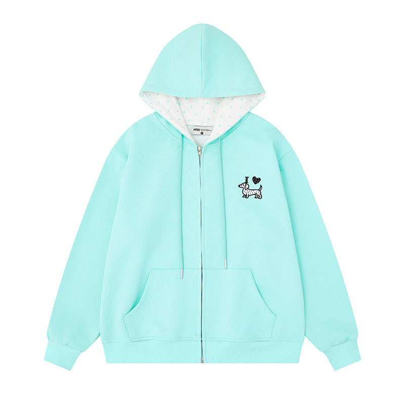 Damen Kapuzen-Sweatjacke mit gesticktem Dackel‑Motiv und gepunkteter Kapuzenfütterung Echoarchiv
