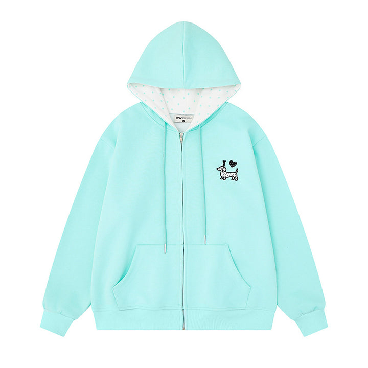 Damen Kapuzen-Sweatjacke mit gesticktem Dackel‑Motiv und gepunkteter Kapuzenfütterung Echoarchiv