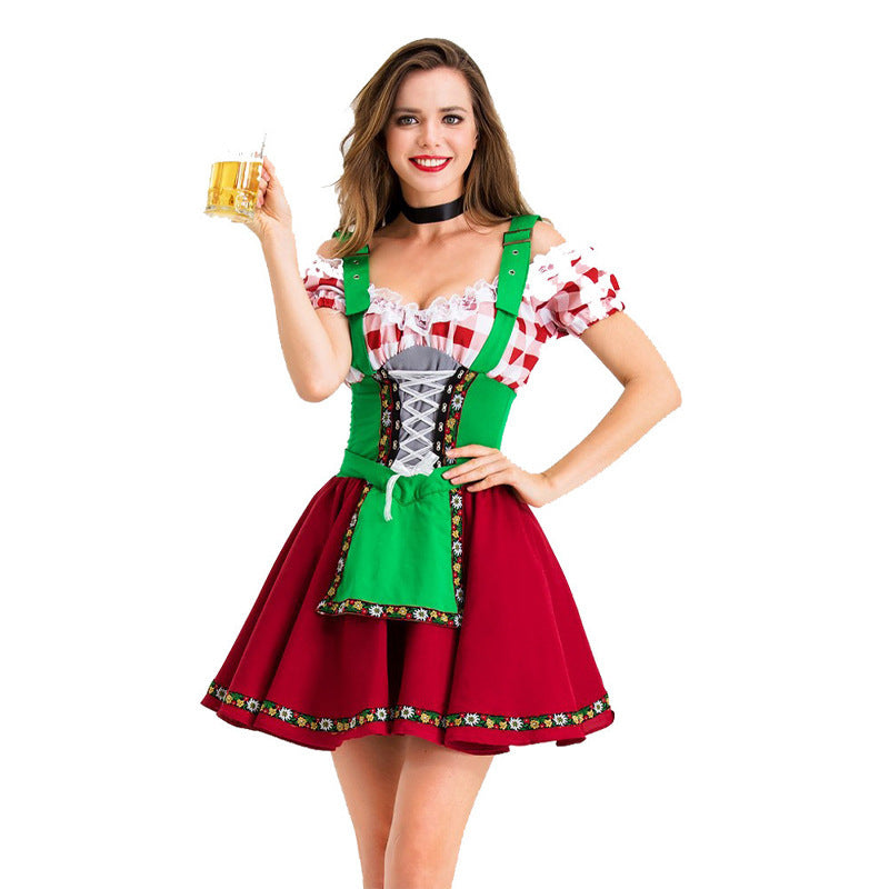 Damen nan Party-Dirndl Minikleid im Oktoberfeststil mit verstellbaren Trägern, Spitzenbesatz und bestickter Schürzenapplikation Echo Archiv