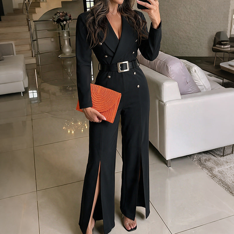 Damen Eleganter Jumpsuit mit tiefem V-Ausschnitt und schmalem Gürtel Echo Archiv