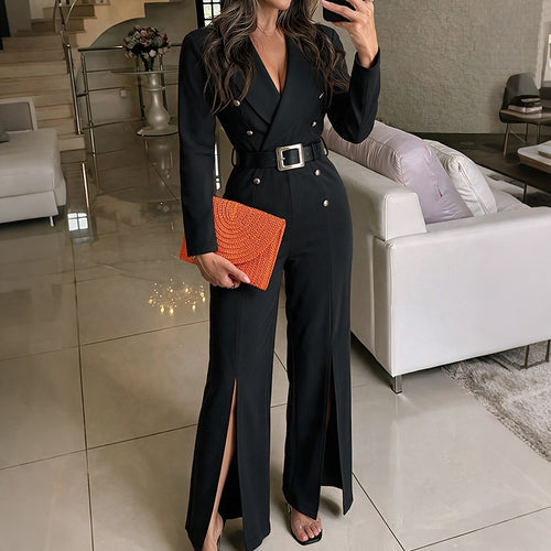 Damen Eleganter Jumpsuit mit tiefem V-Ausschnitt und schmalem Gürtel Echo Archiv