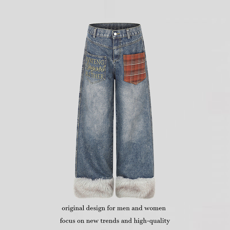 Damen weite hochgeschnittene Denim-Palazzohose mit Karopatchtasche und Kunstfellbesatz am Saum Echoarchiv