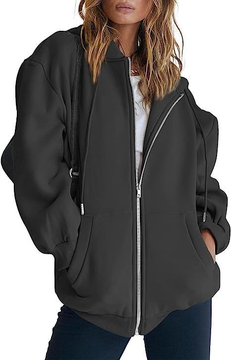Damen oversized Kapuzenjacke mit durchgehendem Reißverschluss Kängurutaschen und weichem Sweatmaterial – Auréline