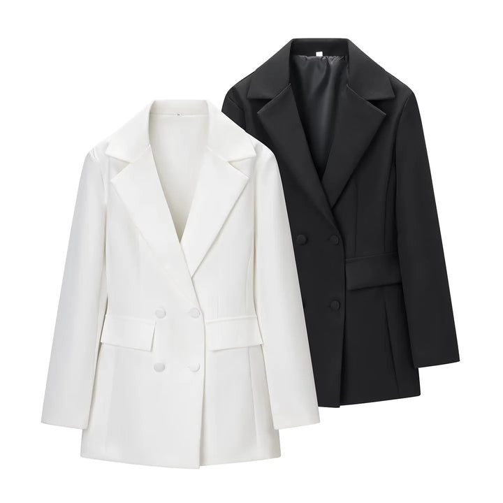 Damen nan taillierter Double-Breasted Blazer mit weitem Revers und Pattentaschen Echo Archiv