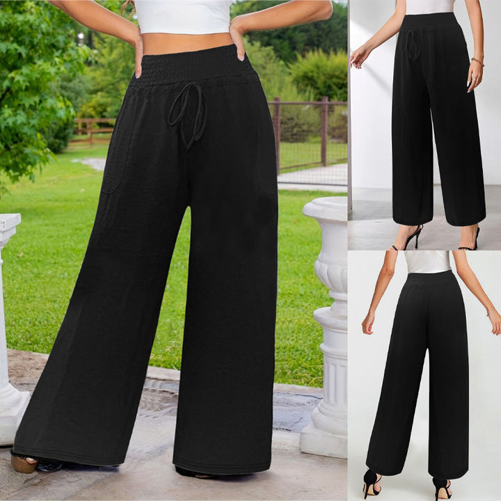 Damen Weite Leinenoptik‑Palazzohose mit hohem Smokbund, Kordelzug und Seitentaschen – Avélisse