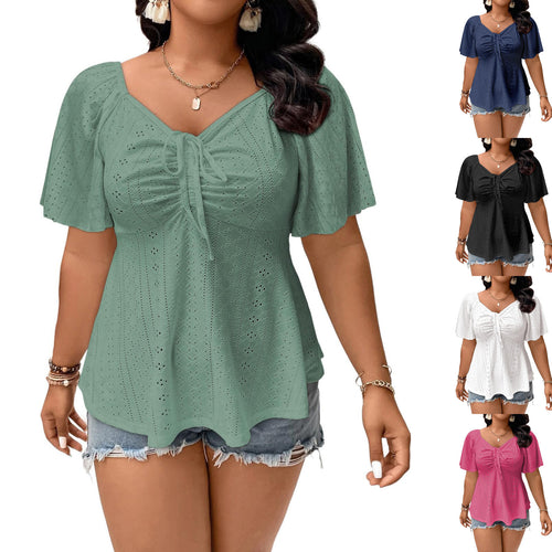 Damen A-Linien Boho-Bluse mit Lochstickerei, Raffung und Bindeband – Élovi