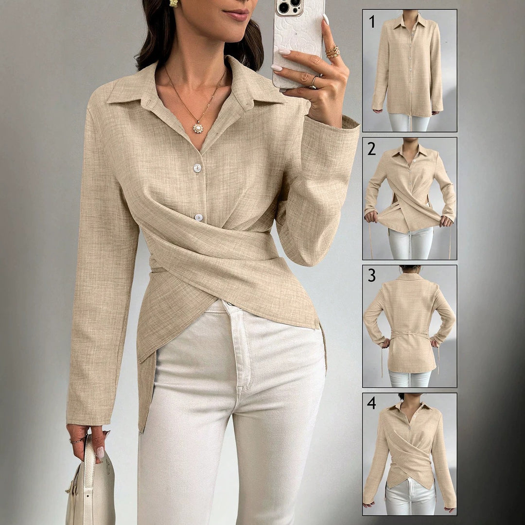 Damen Wickelbluse mit Hemdkragen und asymmetrischem Saum Echoarchiv