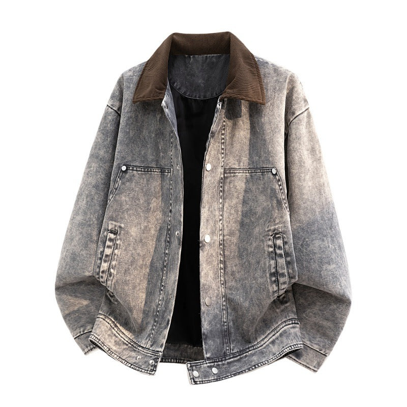 Herren Oversize-Jeansjacke im Used-Look mit Cordkragen & Druckknopffront Echoarchiv