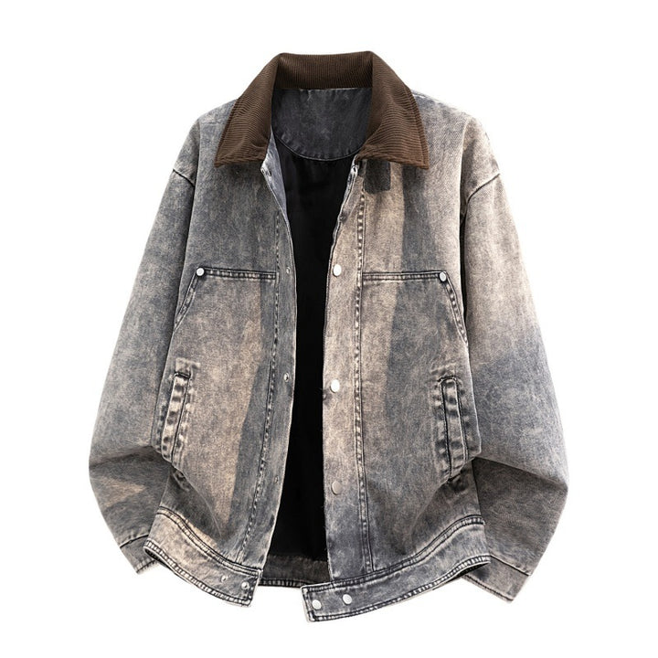 Herren Oversize-Jeansjacke im Used-Look mit Cordkragen & Druckknopffront Echoarchiv