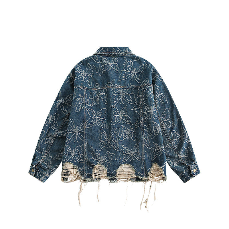 Unisex Oversize-Jeansjacke mit floraler Stickerei, Kontrastpaneelen und ausgefranstem Saum Echo Archiv