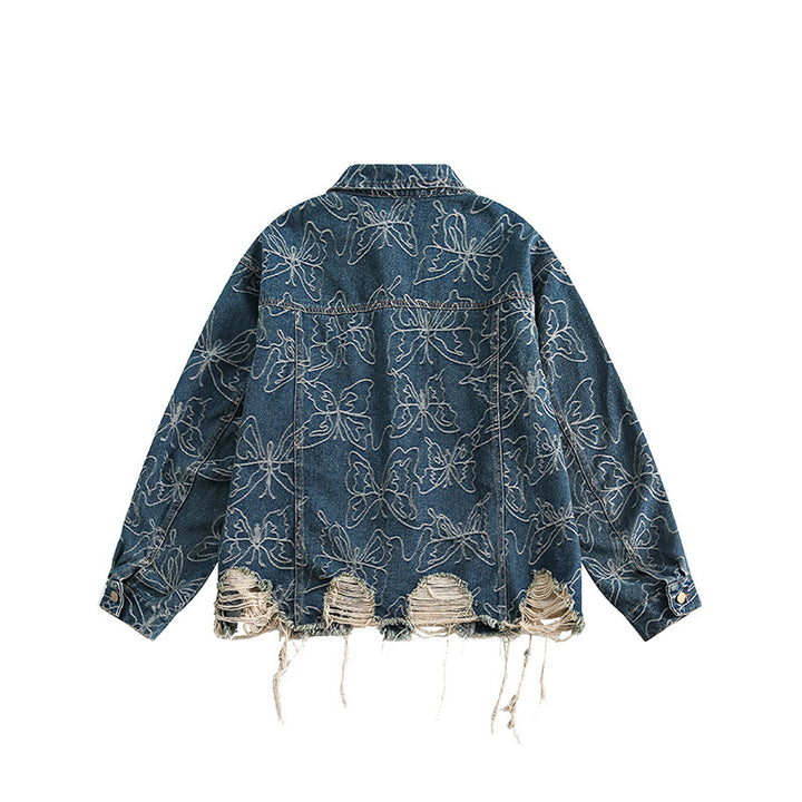 Unisex Oversize-Jeansjacke mit floraler Stickerei, Kontrastpaneelen und ausgefranstem Saum Echo Archiv