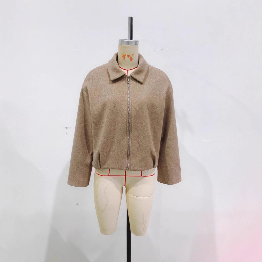 Damen Kurz geschnittene Wollmix Jacke mit Reißverschluss und kurzem Stehkragen – Célinea