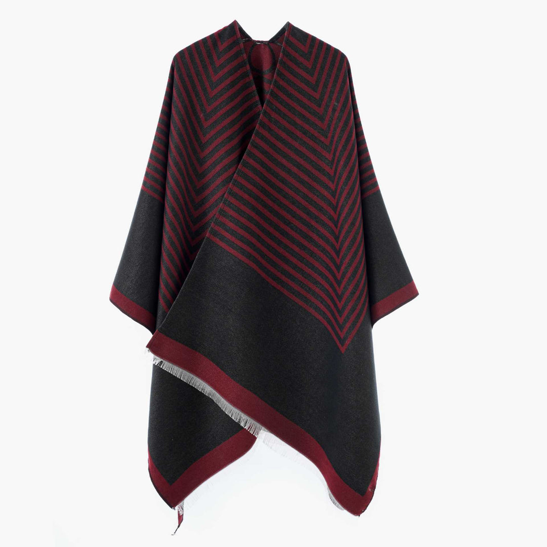 Damen Chevron‑Jacquard Capeponcho mit weitem Fall und Fransen – Avérine