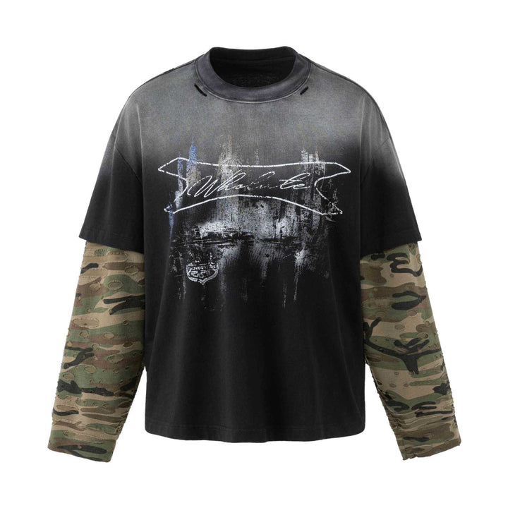 Herren weit geschnittenes Lagenlook T-Shirt mit Used-Effekt und Camouflage-Ärmeln Echoarchiv