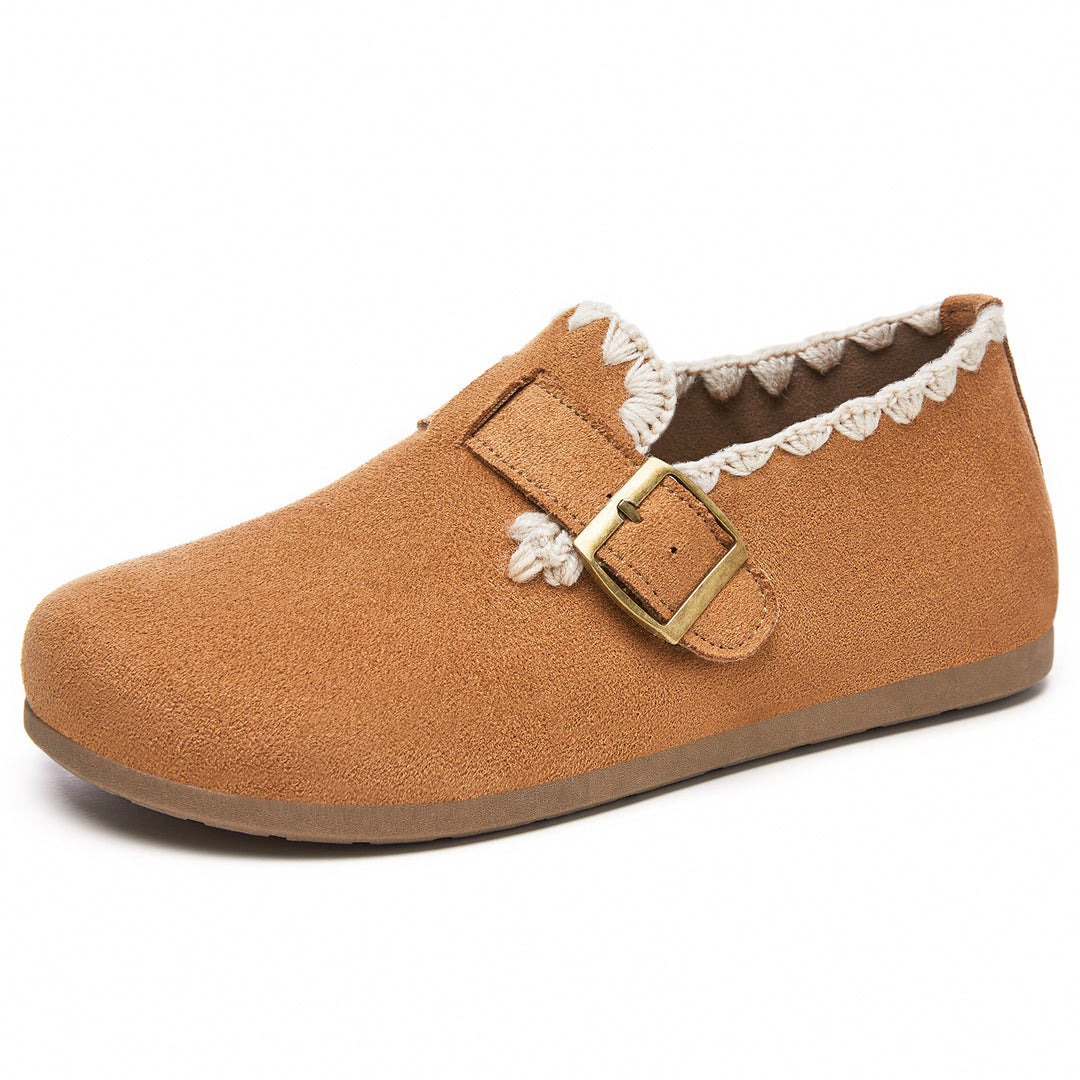 Damen nan kuschelige Mokassin-Slipper mit verstellbarem Schnallenriemen und gehäkelter Kantenverzierung Echo Archiv