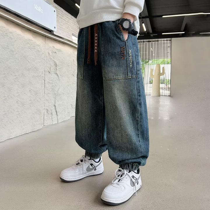 Unisex weite Denim-Hose mit elastischen Bündchen und großen Taschen Echo Archiv