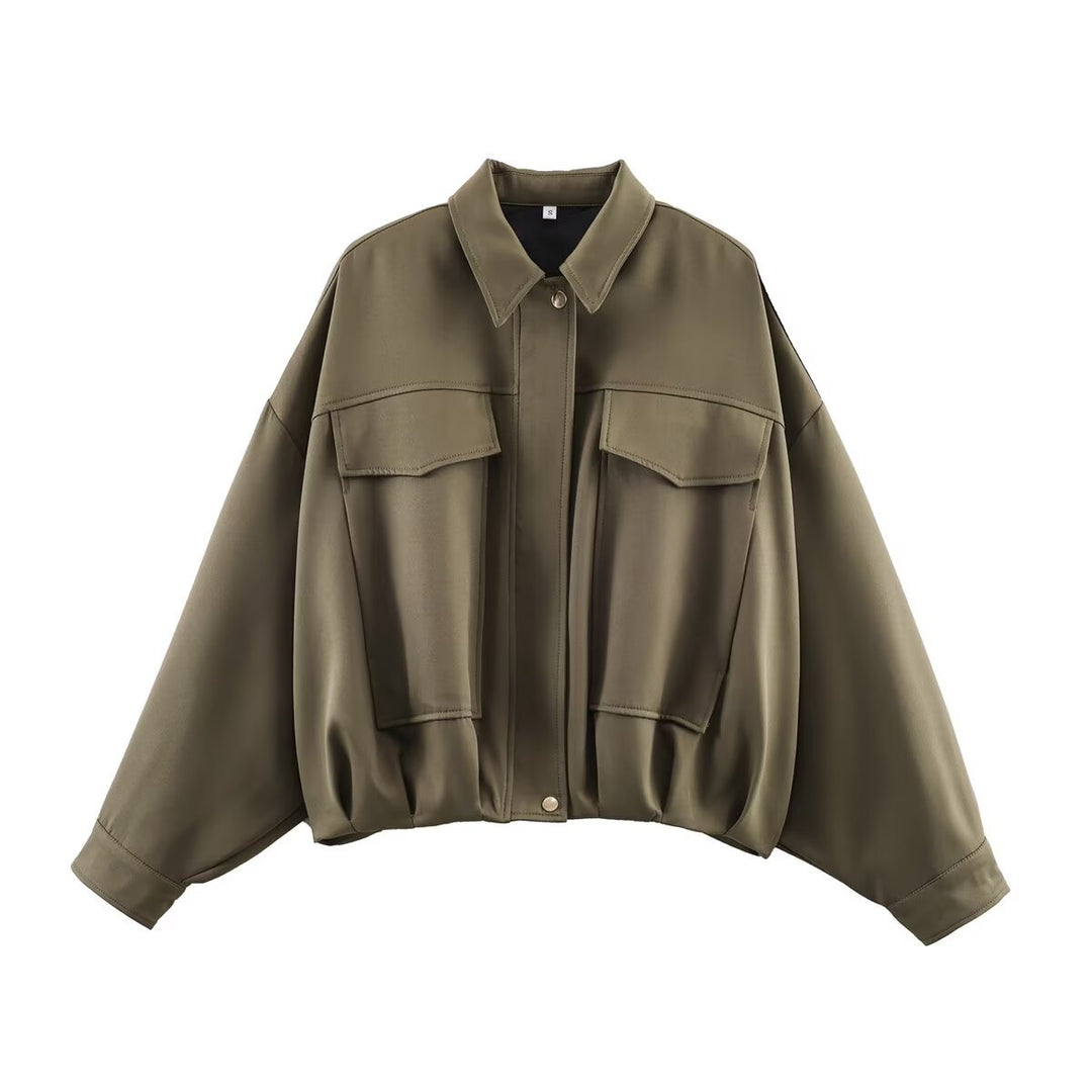 Damen oversized Utility-Jacke mit übergroßen Pattentaschen, überschnittener Schulter und elastischem Bund – Célinea
