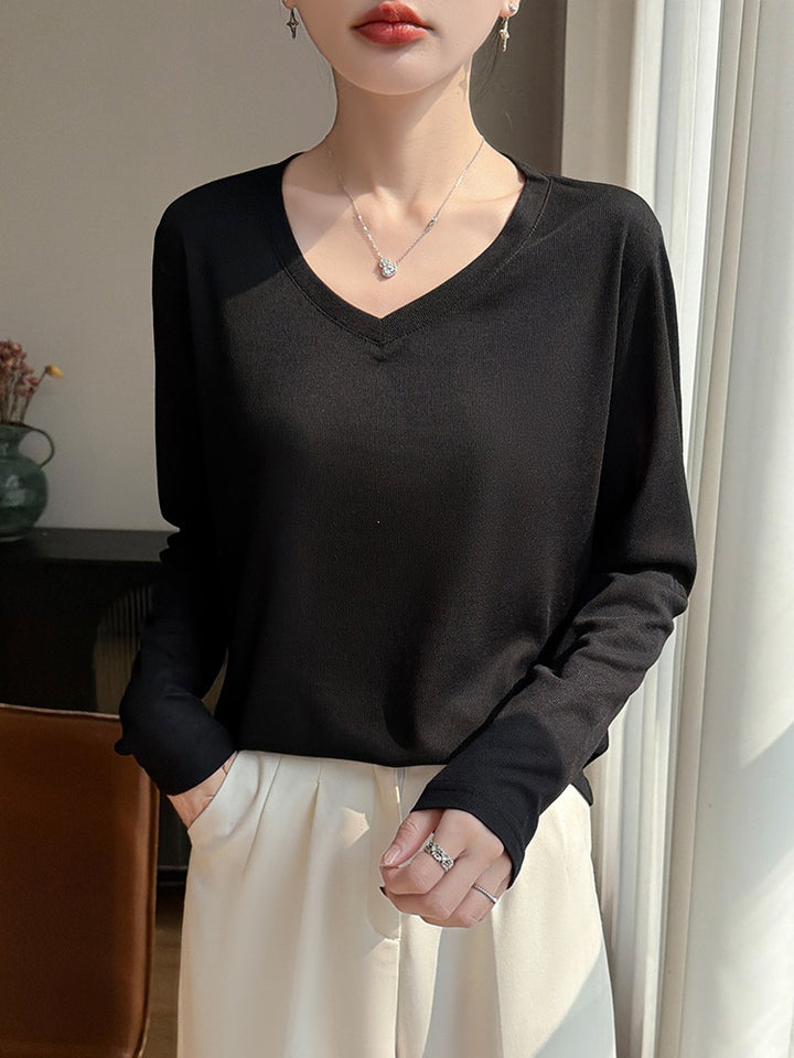 Damen Leichtes V-Ausschnitt-Feinstrick-Longsleeve Echoarchiv