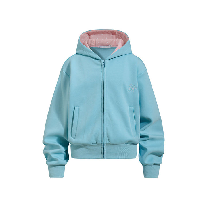 Damen Gekürzte Kapuzen-Sweatjacke mit Reißverschluss, gefütterter Kapuze und Rippbündchen Echoarchiv