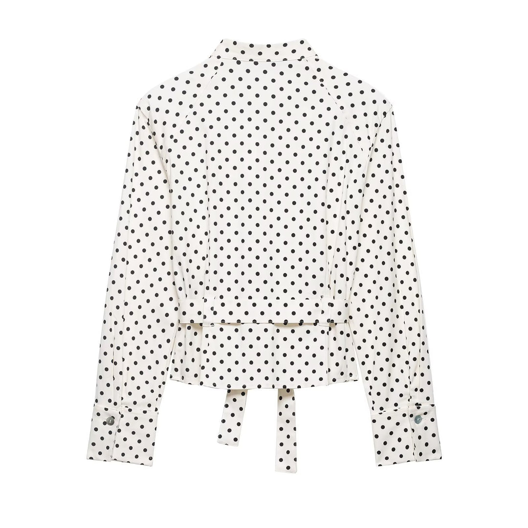 Damen Taillierte Blusenjacke mit Stehkragen, Bindegürtel und Punkteprint Echo Archiv
