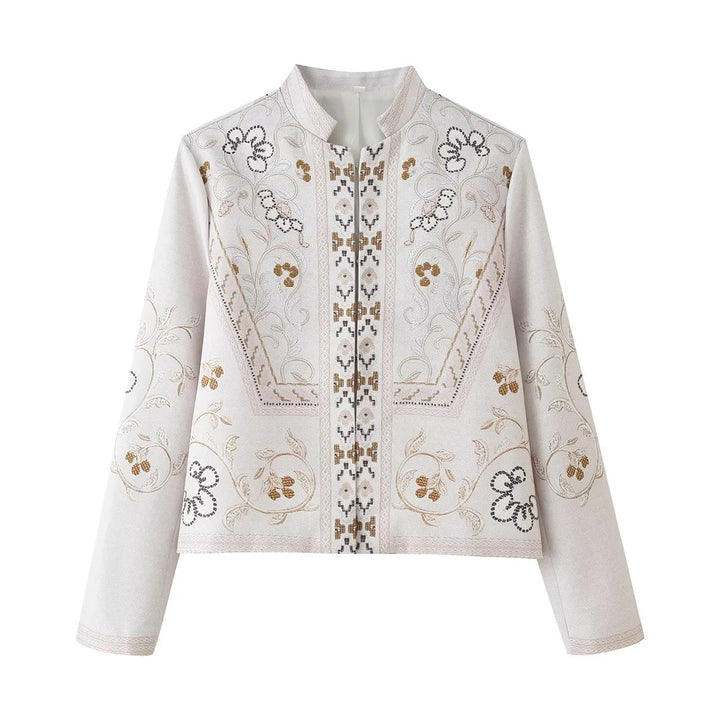 Damen ornamentale Stickjacke im Boxy-Schnitt mit Stehkragen und Zierbordüre – Célinea