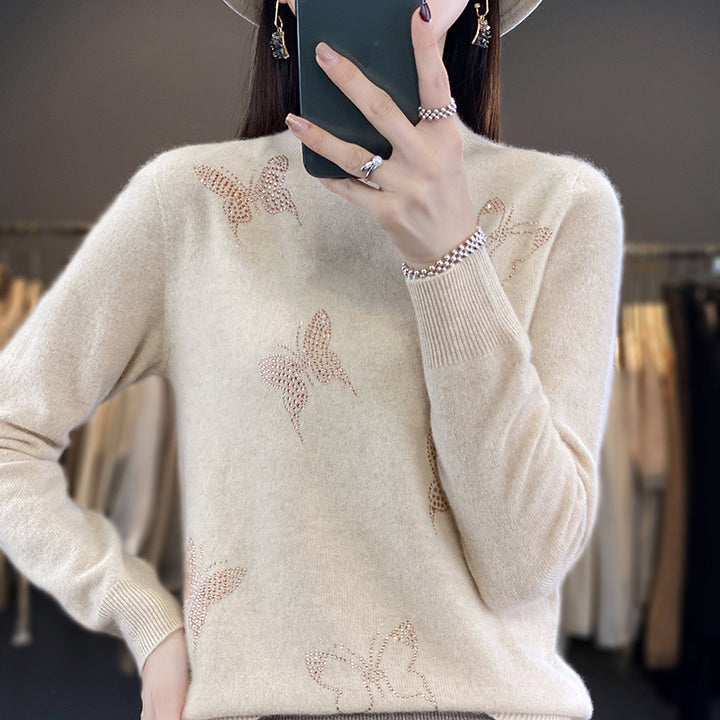 Damen Stehkragen-Feinstrickpullover mit Strass-Schmetterlingsapplikation Echoarchiv