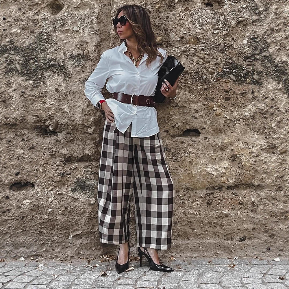 Damen Karo-Hochtaillierte Palazzo-Hose mit weitem Bein & Bundfalten Echoarchiv
