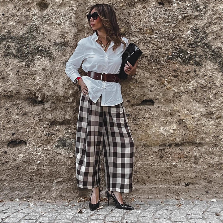 Damen Karo-Hochtaillierte Palazzo-Hose mit weitem Bein & Bundfalten Echoarchiv