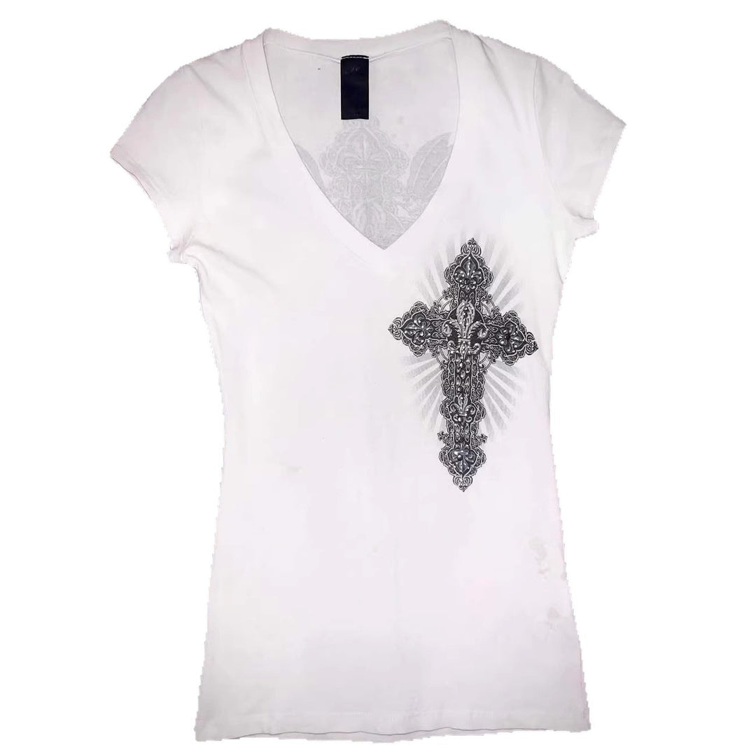 Damen V-Ausschnitt T-Shirt mit kunstvollem Kreuzdesign Echo Archiv