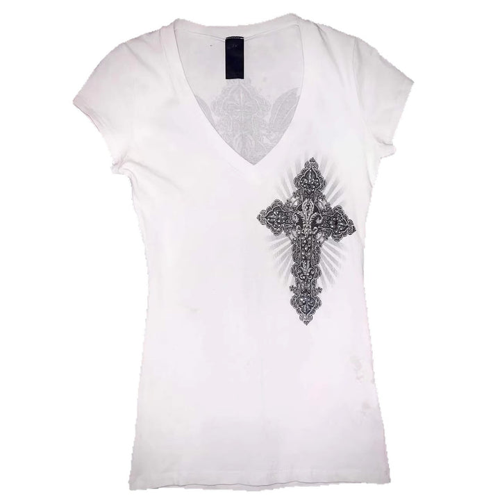 Damen V-Ausschnitt T-Shirt mit kunstvollem Kreuzdesign Echo Archiv