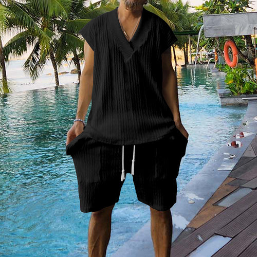 Herren lässiges Kurzarm-Oberteil und Shorts-Set im strukturierten Design Echoarchiv