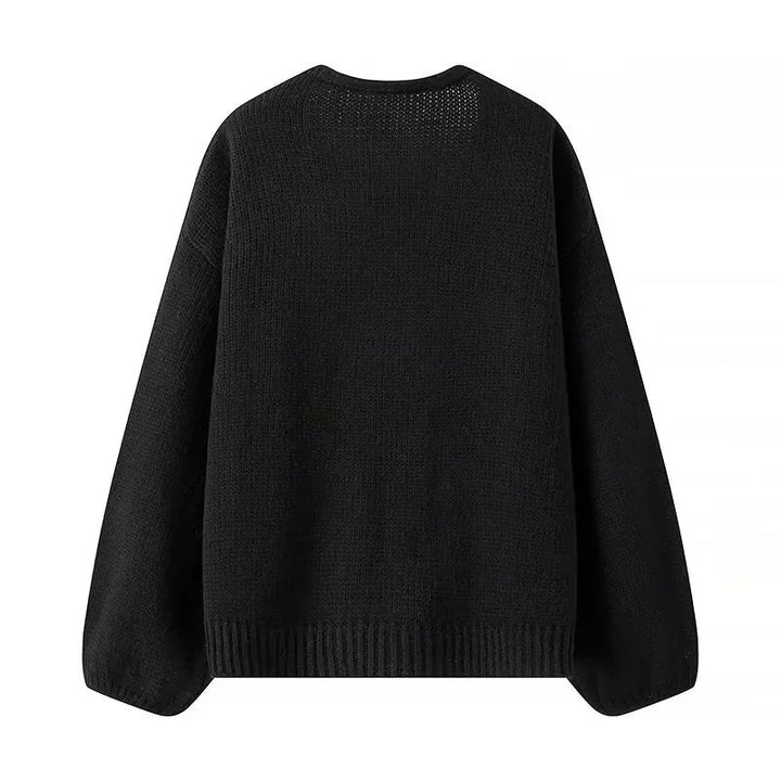 Damen Oversize-Strickcardigan mit tiefem V-Ausschnitt und dekorativen Pailletten-Schleifen – Veloura