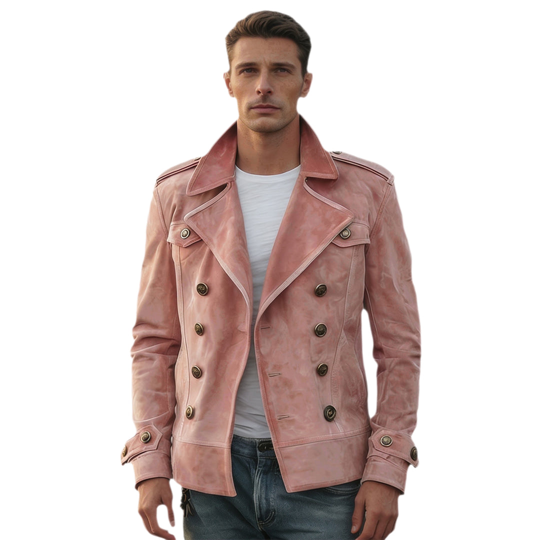 Herren nan doppeltreihige Vintage-Lederjacke mit Reverskragen und Schulterpatten Echo Archiv