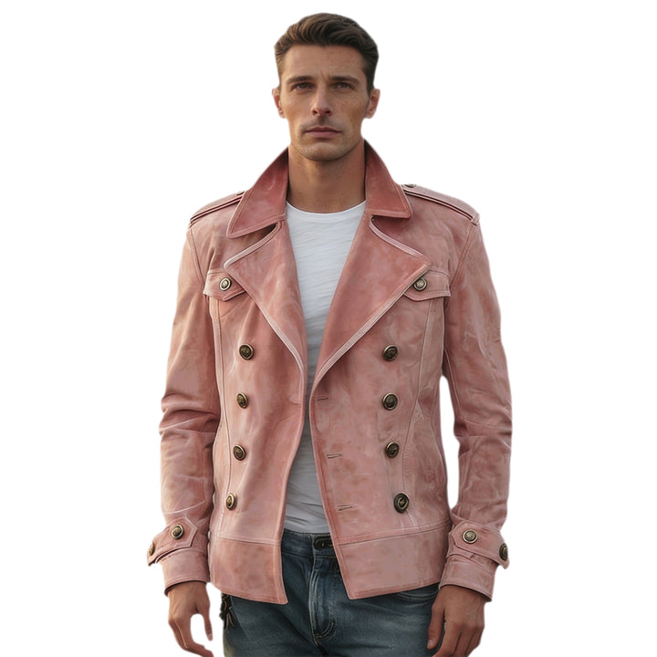 Herren nan doppeltreihige Vintage-Lederjacke mit Reverskragen und Schulterpatten Echo Archiv